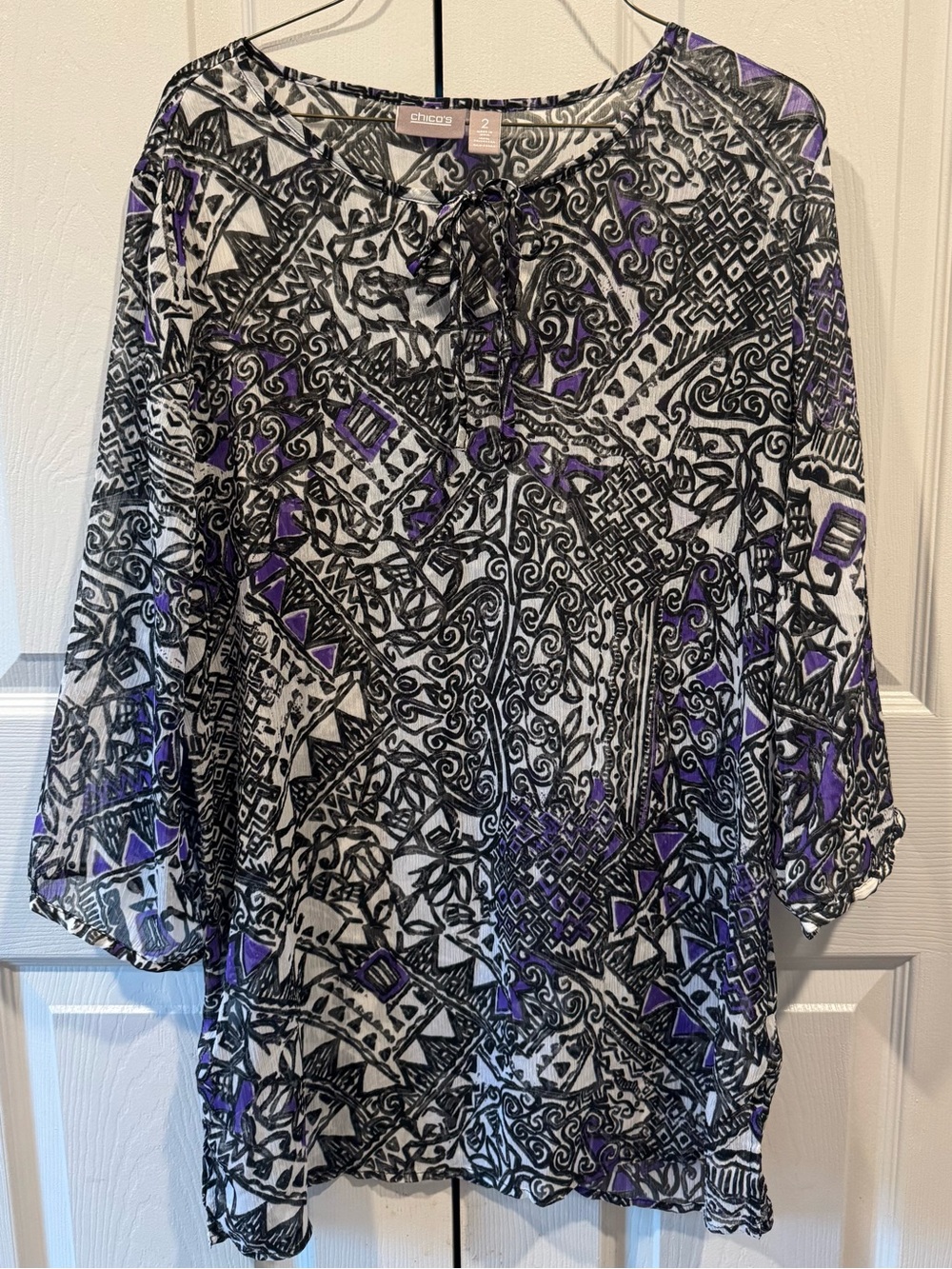 Chico's Black & Purple Abstract Tie-Neck Tunic